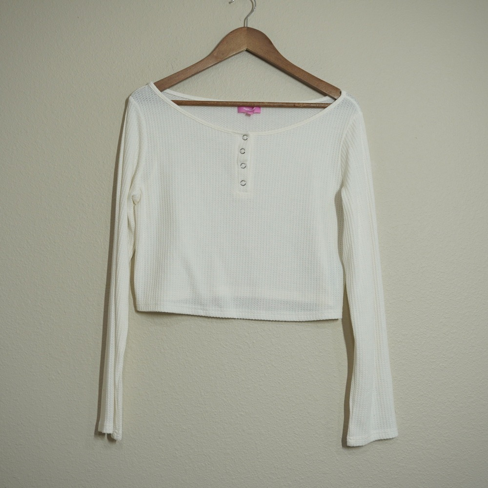 Edikted Womens Medium White Long Sleeve Henley Waffle Knit Crop Top Loungewear
